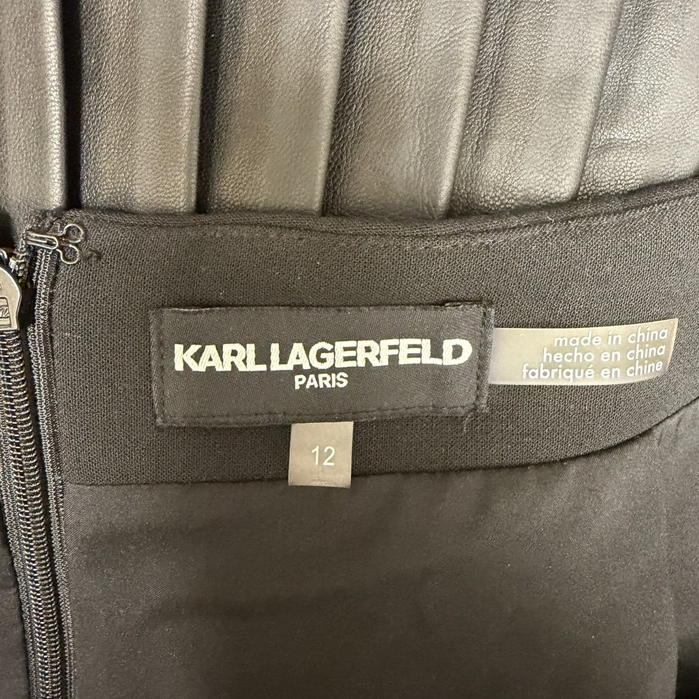 Karl Lagerfeld Skirt Black Vegan Leather Pleated Bottom Size 12 - Picture 7 of 7